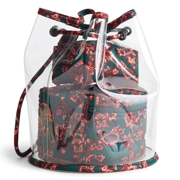 VERA BRADLEY NWT  3-Piece Cosmetic Set Drawstring Clear Bag Red Black Travel - Picture 1 of 12